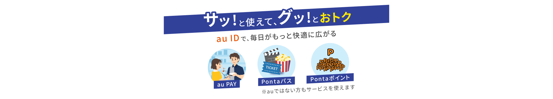 サッと使えてグッとおトク。au IDで使えるサービスは、au PAYやPontaパス、Pontaポイントなどがあります。auではないかたも利用できます。